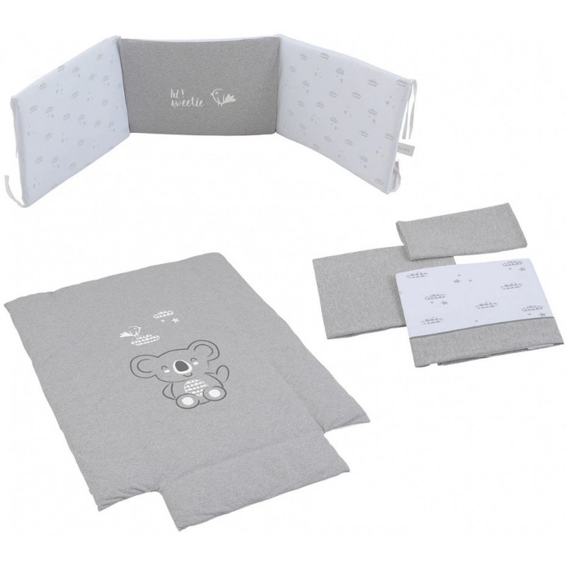 Pack textil 3 piezas Micuna para Cuna (60 x 120 cm) Koala Nórdico + Protector de Minicuna + Juego de Sábanas gris/blanco