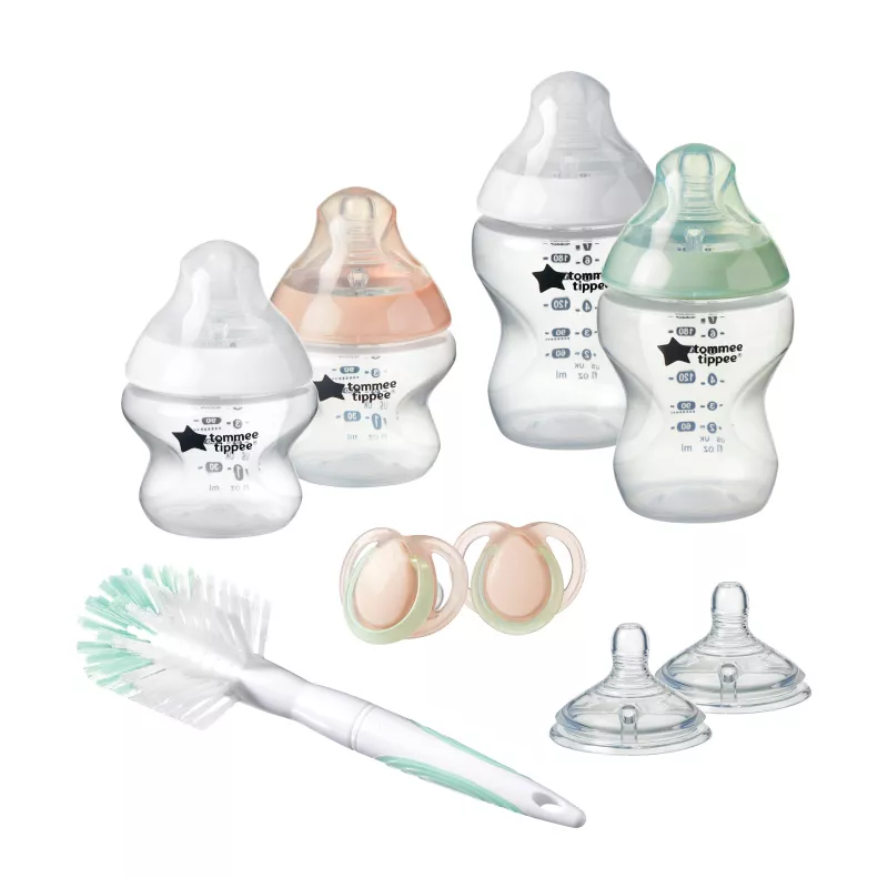 KIT Tommee Tippee 4 biberones Tubo y Valvula Anticolicos y 2 chupetes nocturnos
