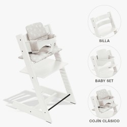 Conjunto de cadeira alta Stokke Tripp Trapp com Baby Set² e almofada com talheres