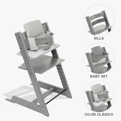 Conjunto de cadeira alta Stokke Tripp Trapp com Baby Set² e almofada com talheres