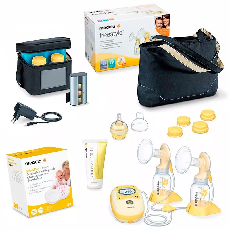 PACK Bomba tira leite eléctrica dupla Medela FREESTYLE com Purelan e almofadas absorventes