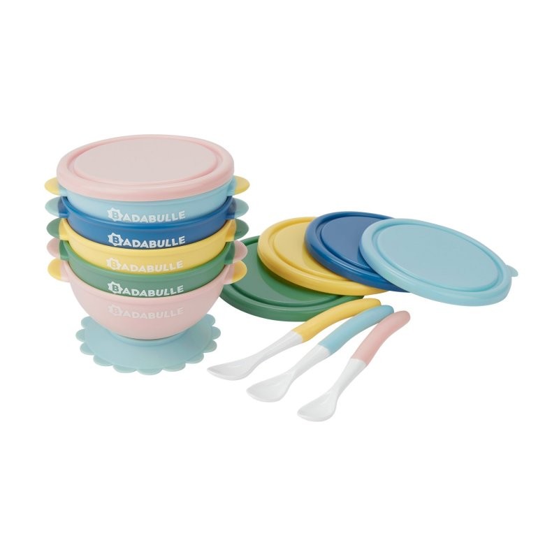 Lote de 5 Cuencos Antidelizantes + 3 Cucharas Badabulle