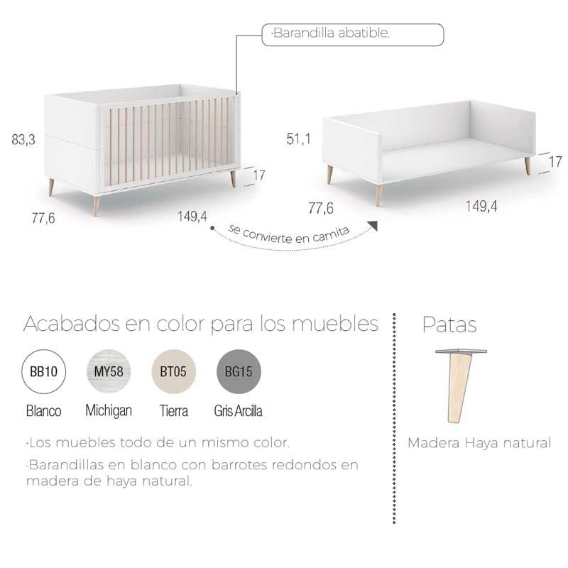 Cuna Evolutiva Ros Mini METROPOLI 140X70 con barandilla abatible