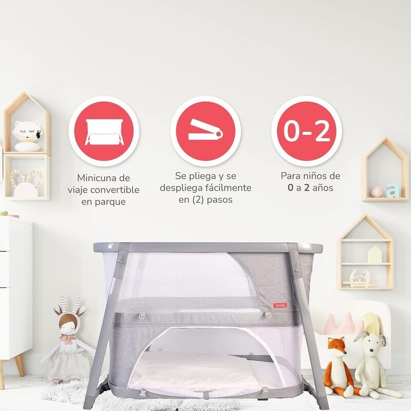 Minicuna Onna SOMNIA Fresh Gris con colchon sabana y mosquitera