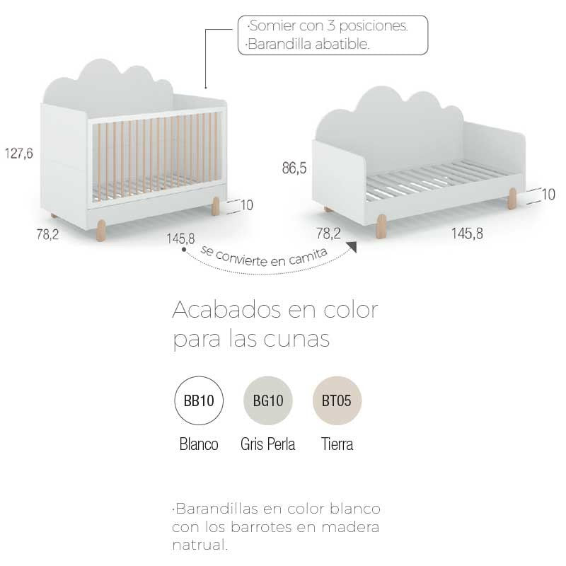 Cuna Evolutiva Ros Mini ELEMENTAL NUBE 140X70 con barandilla abatible