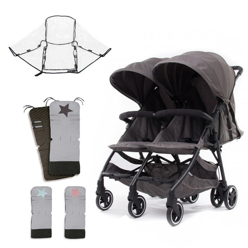Silla paseo gemelar Baby Monsters kuki Twin con plastico de lluvia y 2 colchonetas Star
