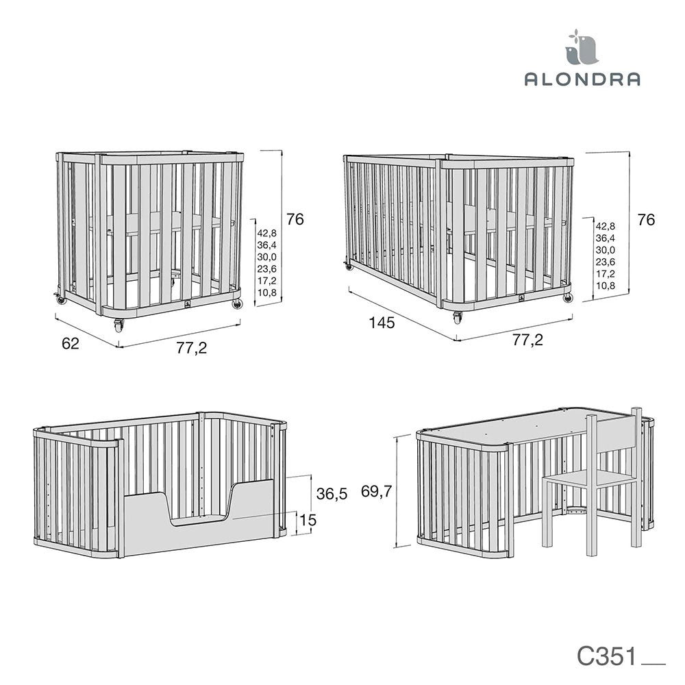 Minicuna cuna cama escritorio 4 en 1 Alondra Madera Crea Tre Nomad