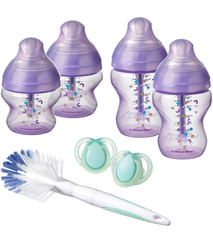 KIT Tommee Tippee 4 biberones Tubo y Valvula Anticolicos y 2 chupetes nocturnos