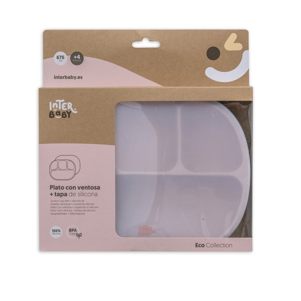 Plato compartimentado de silicona Interbaby con tapa y ventosa