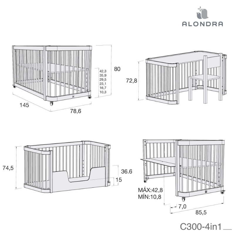 Minicuna cuna cama escritorio 4 en 1 Alondra Madera Crea Tre Nomad
