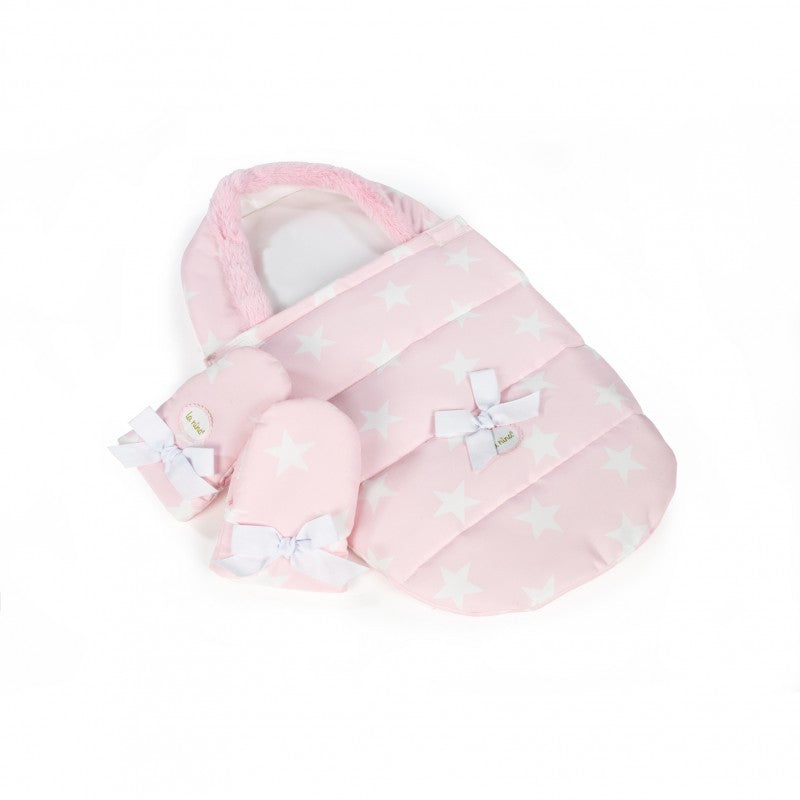 Saco con pelo y Manoplas para cochecito de muñeca