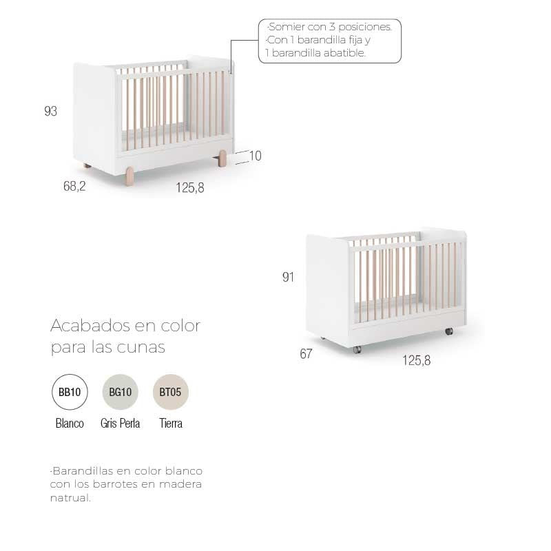 Cuna Ros Mini ELEMENTAL 120x60 con barandilla abatible y opción de ruedas